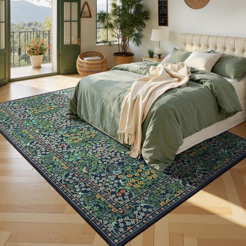 Lessymo Floral Living Room Rug 8x10 Area Rugs, Vintage Forest Washable Rugs for Dining Room Bedroom, Low Pile Non Slip Rubber Green Mat, Distressed Retro Indoor Boho Carpet, Forest Green - Image 2