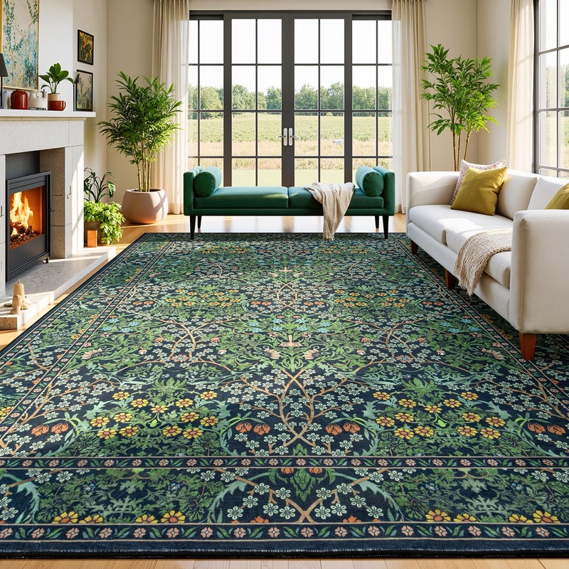Lessymo Floral Living Room Rug 8x10 Area Rugs, Vintage Forest Washable Rugs for Dining Room Bedroom, Low Pile Non Slip Rubber Green Mat, Distressed Retro Indoor Boho Carpet, Forest Green - Image 1