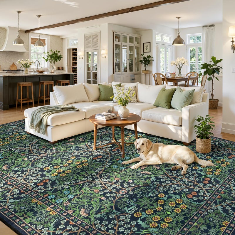 Lessymo Floral Living Room Rug 8x10 Area Rugs, Vintage Forest Washable Rugs for Dining Room Bedroom, Low Pile Non Slip Rubber Green Mat, Distressed Retro Indoor Boho Carpet, Forest Green - Image 3