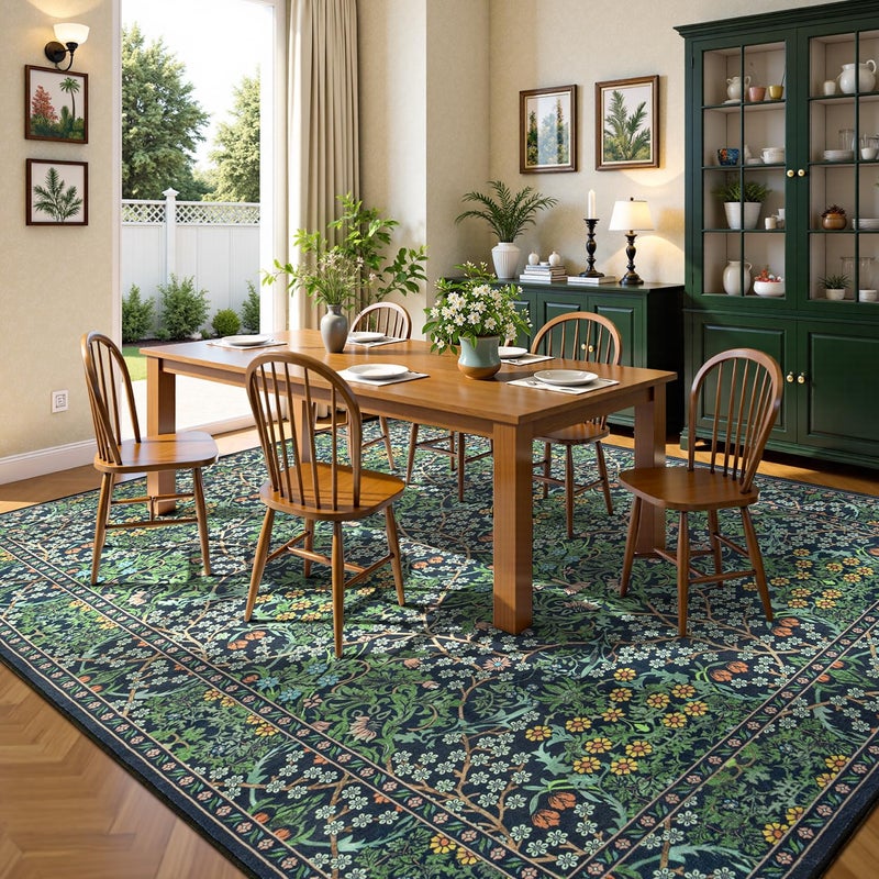 Lessymo Floral Living Room Rug 8x10 Area Rugs, Vintage Forest Washable Rugs for Dining Room Bedroom, Low Pile Non Slip Rubber Green Mat, Distressed Retro Indoor Boho Carpet, Forest Green - Image 5