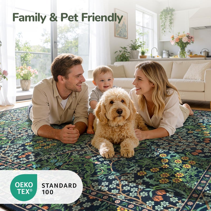 Lessymo Floral Living Room Rug 8x10 Area Rugs, Vintage Forest Washable Rugs for Dining Room Bedroom, Low Pile Non Slip Rubber Green Mat, Distressed Retro Indoor Boho Carpet, Forest Green - Image 4