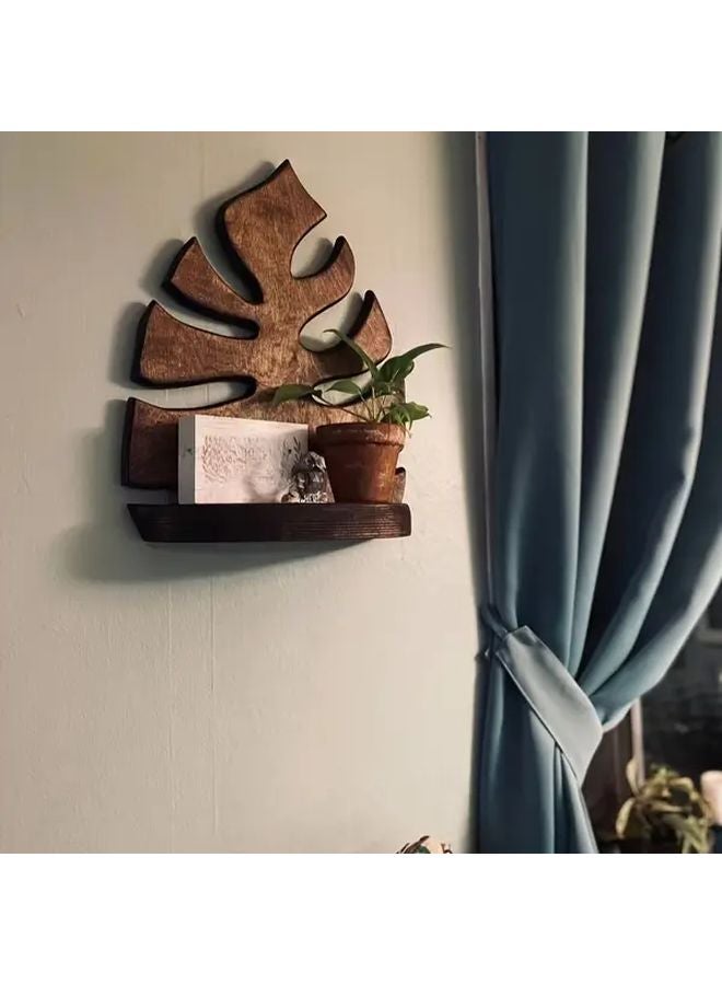Brown Wooden Leaf Wall Shelf Multi Tiered Storage Wall Mounted Organizer for Plants - Image 3