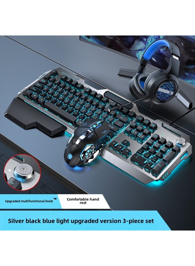Eweadn GX810 Mechanical Gaming Keyboard Mouse Headset Set With Knob For Notebook Computer Wired Esports Game Compatible-Color:Metal Grey Ice Blu-ray Hand-held Edition [3-piece Set-Upgrade Edition]_Macro Mouse_Headset  - Image 1