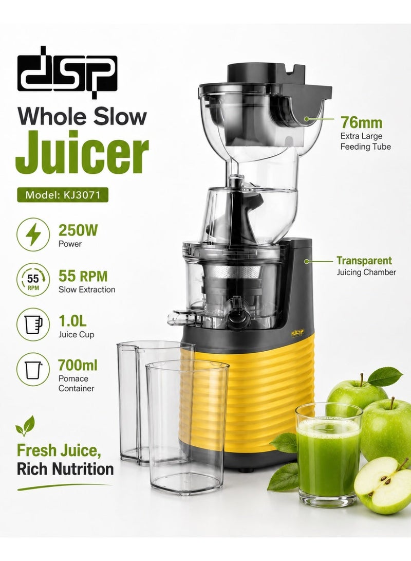 DSP KJ3071 Whole Slow Juicer 250W, 55 RPM Slow Extraction, 76mm Extra-Large Feeding Tube, 1L Juice Cup, 700ml Pomace Container, Transparent Juicing Chamber, Yellow/Black - Image 3