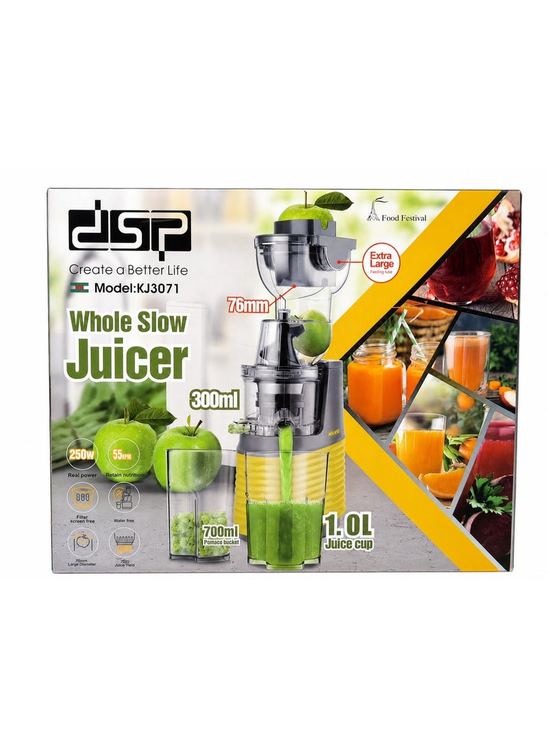 DSP KJ3071 Whole Slow Juicer 250W, 55 RPM Slow Extraction, 76mm Extra-Large Feeding Tube, 1L Juice Cup, 700ml Pomace Container, Transparent Juicing Chamber, Yellow/Black - Image 4