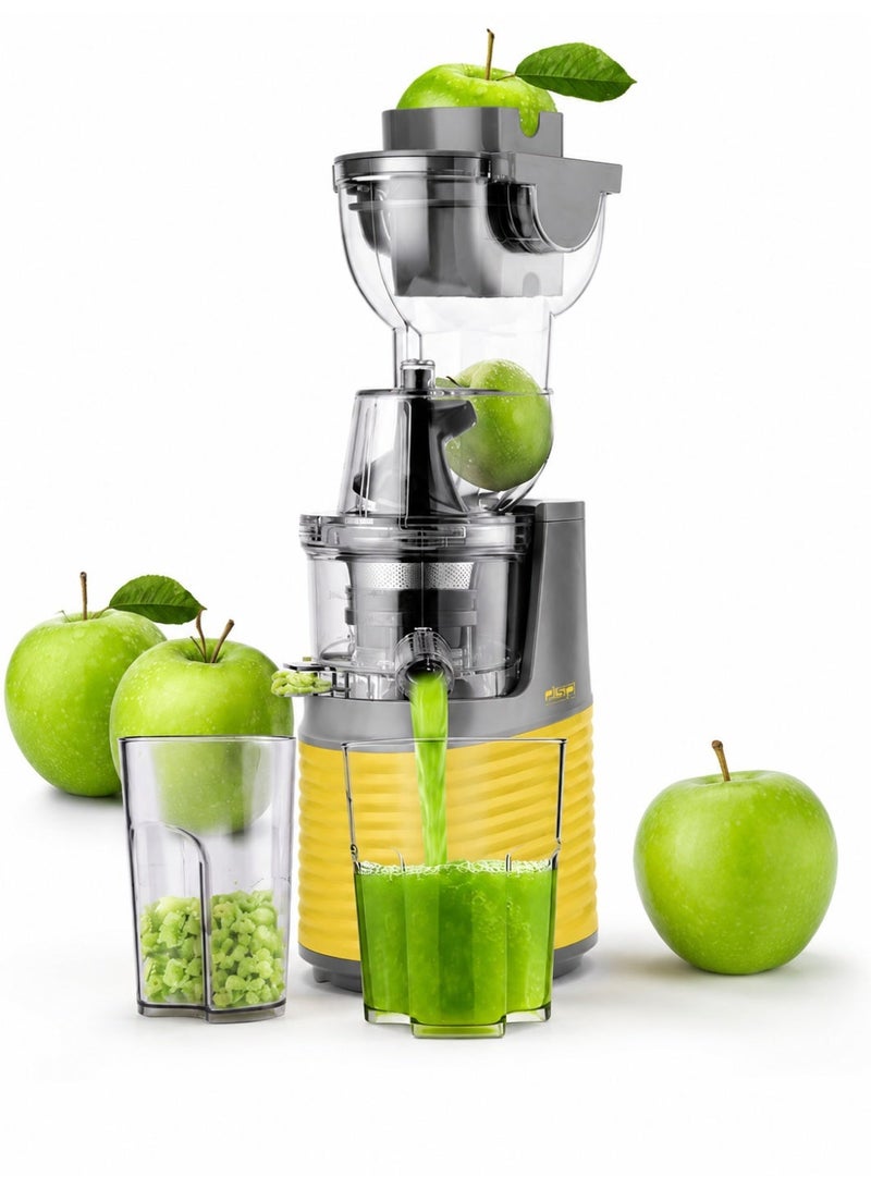 DSP KJ3071 Whole Slow Juicer 250W, 55 RPM Slow Extraction, 76mm Extra-Large Feeding Tube, 1L Juice Cup, 700ml Pomace Container, Transparent Juicing Chamber, Yellow/Black - Image 1