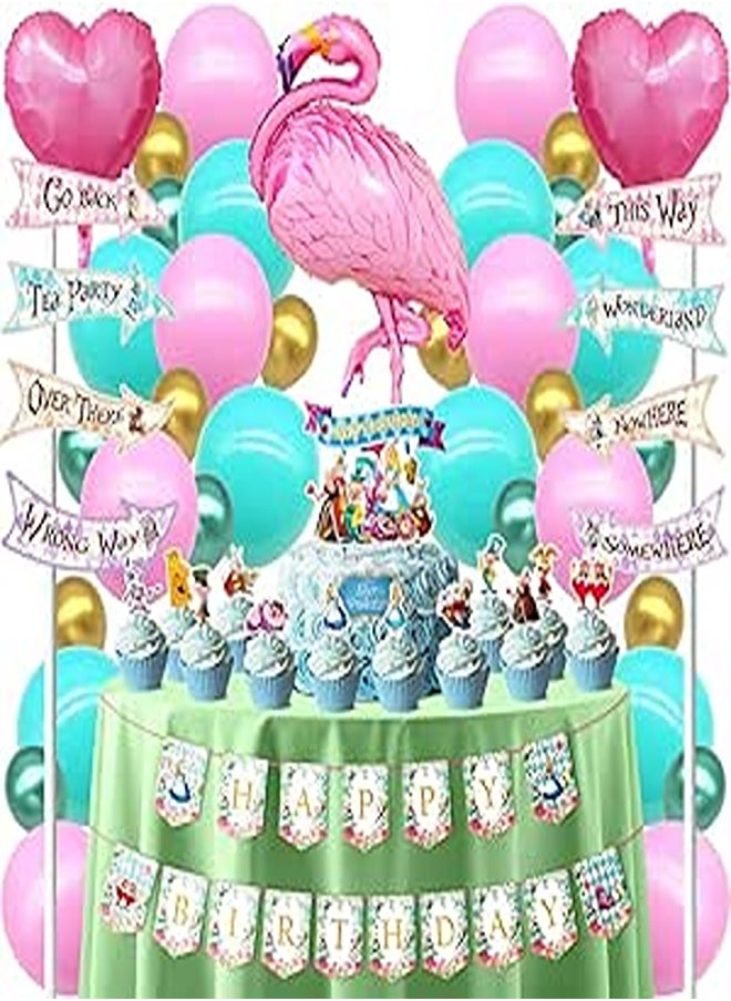 71 Pcs Alice Party Supplies, 3 Cake Toppers, 24 Cupcake Toppers, 35 Balloons, 1 Happy Birthday Banners, 8 Arrow Signs for Girls & Boys 