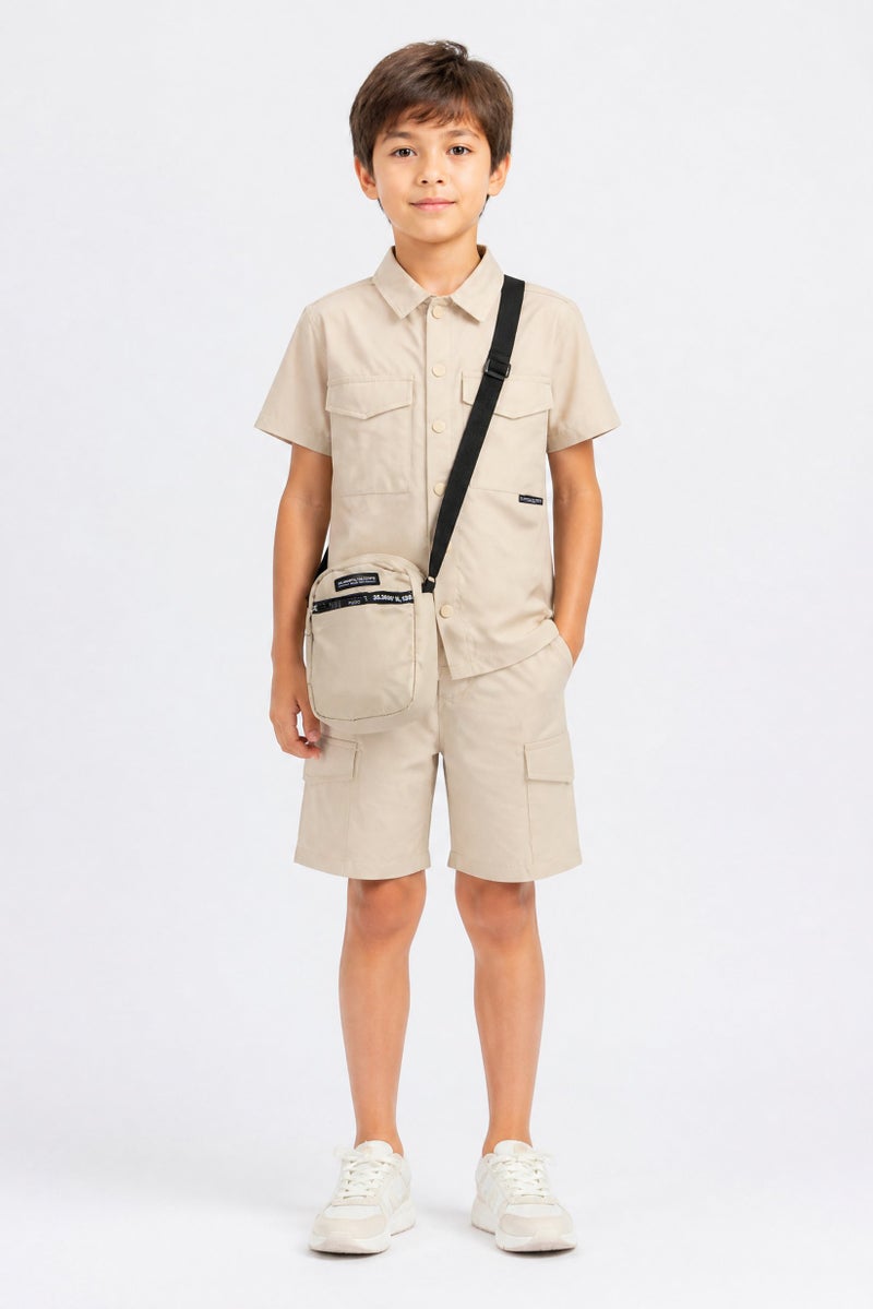 Fudo Kids Boy 3 Pieces Shirt With Bottom And Cross Body Bag Set, Beige - Image 1