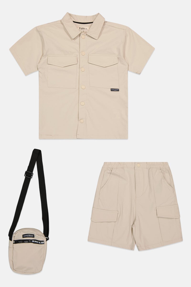 Fudo Kids Boy 3 Pieces Shirt With Bottom And Cross Body Bag Set, Beige - Image 2