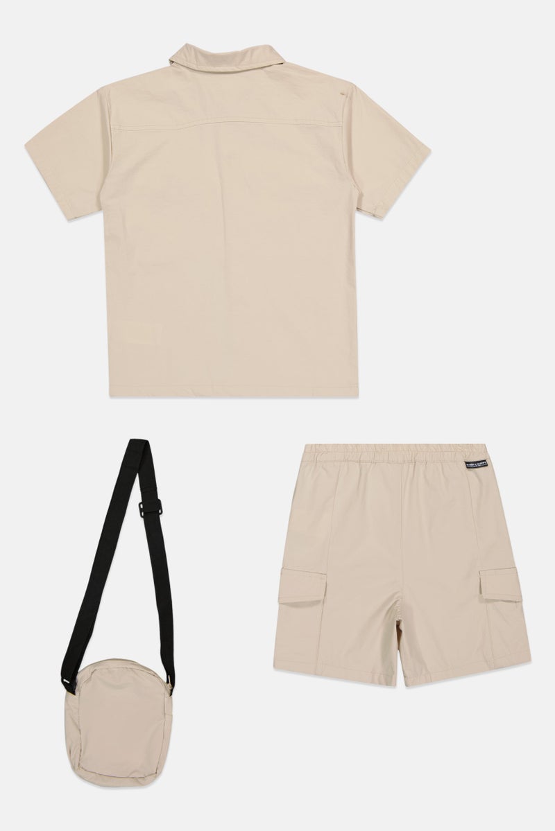 Fudo Kids Boy 3 Pieces Shirt With Bottom And Cross Body Bag Set, Beige - Image 3
