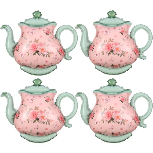 GIHOO Teapot Balloon 4 Pieces 22inch Pink Green Teapot Mylar Foil Mylar Balloons for Lets Par-Tea Party Garden Tea Party Birthday Baby Shower Decoration - Image 1