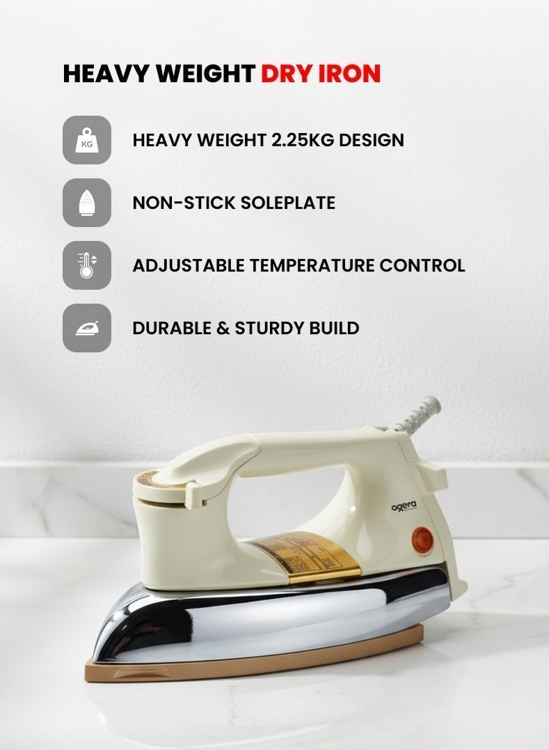 أوجيرا مكواة جافة أوتوماتيكية 1200 واط | مكواة قوية التحمل | قرص ضبط درجة الحرارة وإيقاف تلقائي | تصميم فاخر بوزن 2.25 كجم | قاعدة غير لاصقة مطلية بتفلون | انزلاق سلس لجميع الأقمشة | ضمان سنتين | OG11ODI | أبيض/فضي/ذهبي - Image 1