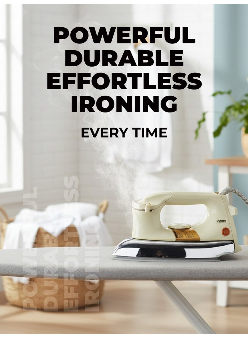 أوجيرا مكواة جافة أوتوماتيكية 1200 واط | مكواة قوية التحمل | قرص ضبط درجة الحرارة وإيقاف تلقائي | تصميم فاخر بوزن 2.25 كجم | قاعدة غير لاصقة مطلية بتفلون | انزلاق سلس لجميع الأقمشة | ضمان سنتين | OG11ODI | أبيض/فضي/ذهبي - Image 4
