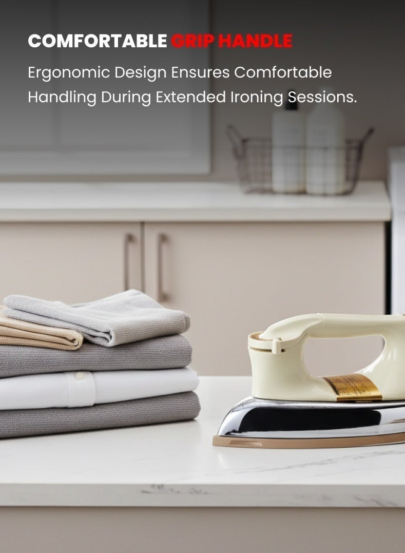 أوجيرا مكواة جافة أوتوماتيكية 1200 واط | مكواة قوية التحمل | قرص ضبط درجة الحرارة وإيقاف تلقائي | تصميم فاخر بوزن 2.25 كجم | قاعدة غير لاصقة مطلية بتفلون | انزلاق سلس لجميع الأقمشة | ضمان سنتين | OG11ODI | أبيض/فضي/ذهبي - Image 3