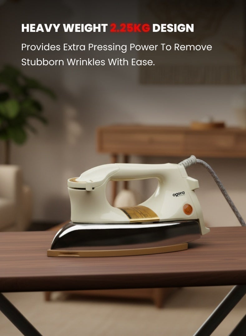 أوجيرا مكواة جافة أوتوماتيكية 1200 واط | مكواة قوية التحمل | قرص ضبط درجة الحرارة وإيقاف تلقائي | تصميم فاخر بوزن 2.25 كجم | قاعدة غير لاصقة مطلية بتفلون | انزلاق سلس لجميع الأقمشة | ضمان سنتين | OG11ODI | أبيض/فضي/ذهبي - Image 5