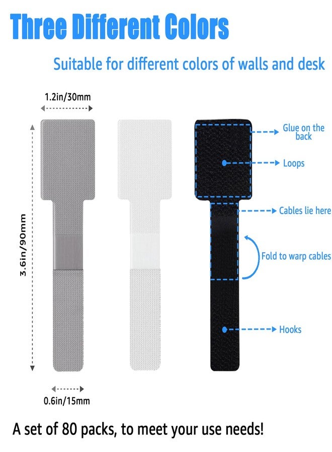 BTPIEL 80PCS Hook and Loop Cable Ties, Hook and Loop Cable Straps, Under Desk Cable Management, Adhesive Cable Clips, Sticky-Back Cord Organizer for Desk, Household & Office Organization (Black+White) - Image 3