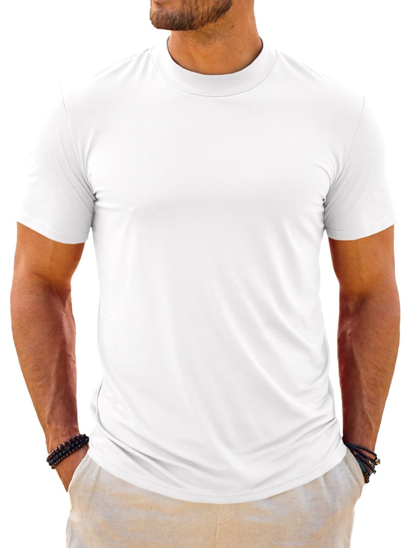 Makkrom Mens Mock Turtleneck T-Shirts Summer Short Sleeve Basic Tees Casual Solid Pullover Tops White - Image 1