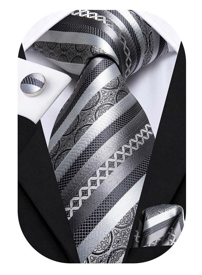 Hi-Tie ربطات عنق حريرية للرجال مزخرفة مربعة ودوائر وخطوط مع مربع جيب وأزرار أكمام مجموعة رسمية للأعمال، رمادي فضي - Image 1