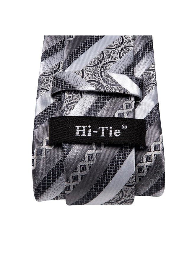 Hi-Tie ربطات عنق حريرية للرجال مزخرفة مربعة ودوائر وخطوط مع مربع جيب وأزرار أكمام مجموعة رسمية للأعمال، رمادي فضي - Image 5