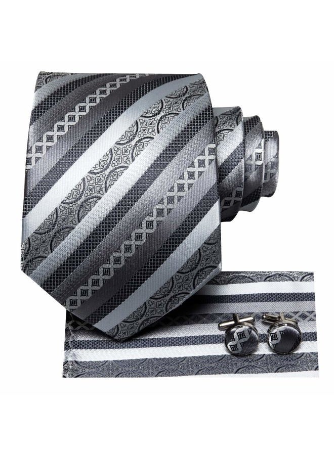 Hi-Tie ربطات عنق حريرية للرجال مزخرفة مربعة ودوائر وخطوط مع مربع جيب وأزرار أكمام مجموعة رسمية للأعمال، رمادي فضي - Image 2