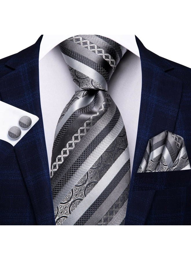 Hi-Tie ربطات عنق حريرية للرجال مزخرفة مربعة ودوائر وخطوط مع مربع جيب وأزرار أكمام مجموعة رسمية للأعمال، رمادي فضي - Image 3
