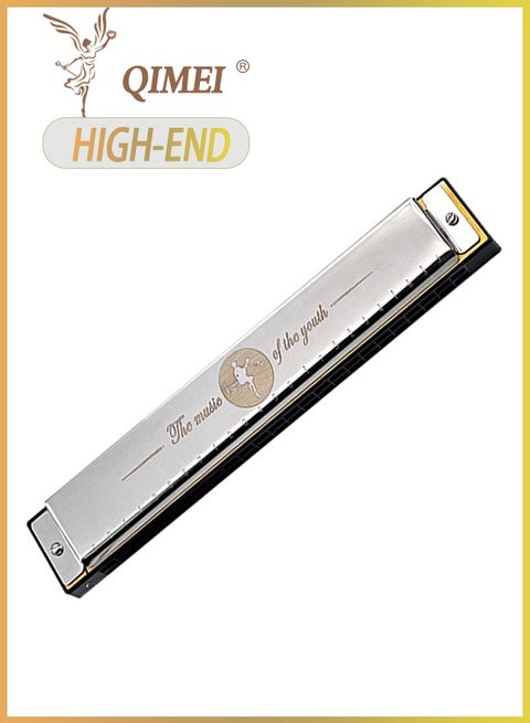 هارمونيكا احترافية من كيمي، ٢٤ فتحة - هارمونيكا تريمولو متقدمة بمفتاح دو، مناسبة للعازفين البالغين والمحترفين، آلة موسيقية متعددة الأصوات بجودة حفلات موسيقية (فضية)