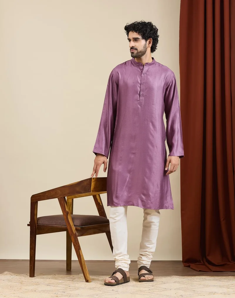 فاب انديا Mauve Viscose Silk Dobby Long Kurta