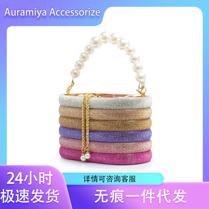 Export Model Diamond-Studded Striped Basket Bag Pearl Handbag Crossbody Bucket Bag - Image 2