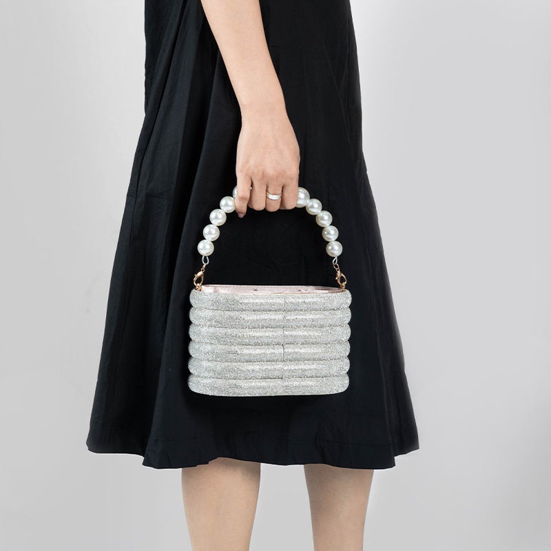 Export Model Diamond-Studded Striped Basket Bag Pearl Handbag Crossbody Bucket Bag - Image 5