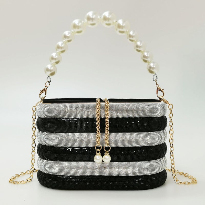 Export Model Diamond-Studded Striped Basket Bag Pearl Handbag Crossbody Bucket Bag - Image 1
