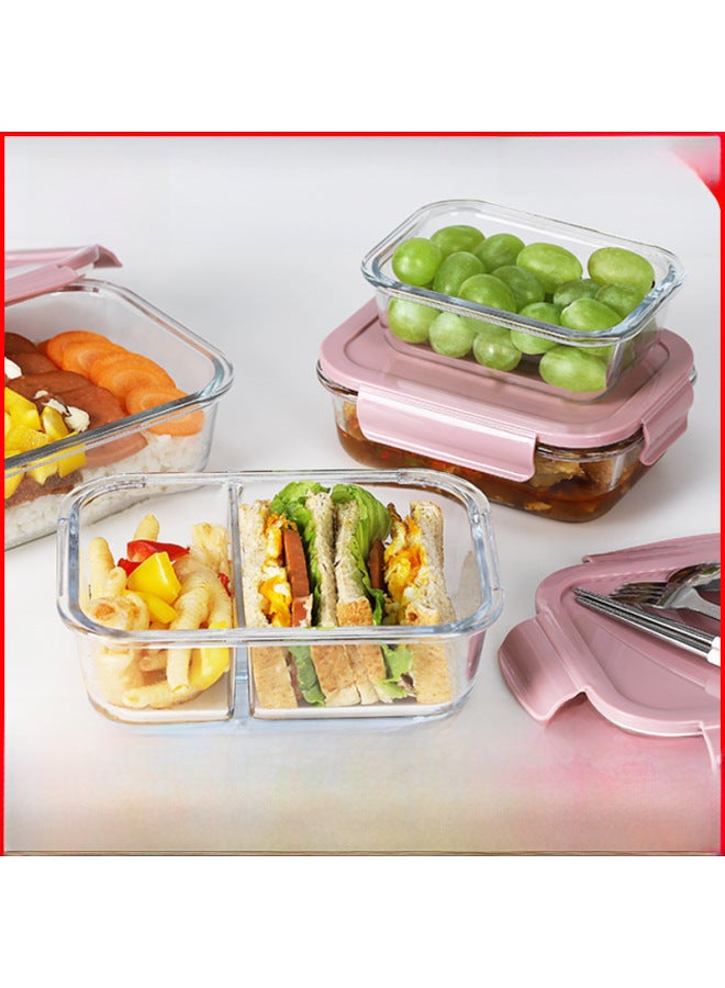 Glass Lunch Box Microwave Oven Special Office Worker Lunch Box With Rice Lunch Box Separated Glass Bowl With Lid-Specifications:Rectangular Two-compartment 650ml-Color:Matcha Green  - Image 2