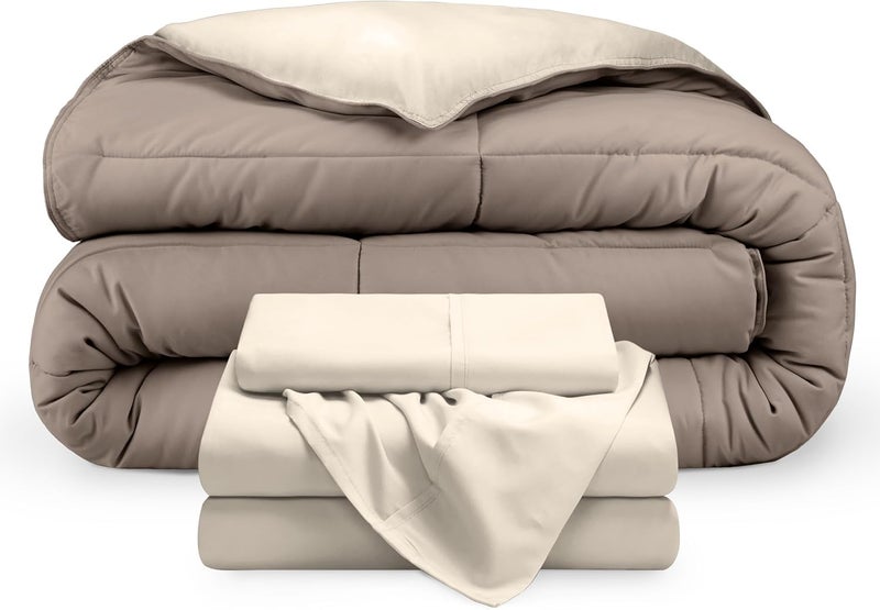 Full Bed Set - 5 Pieces - Comforter 225 * 235,Fitted Sheet 160 * 200, Pillowcase 45 * 160, 2 Pillow Cases 50 * 70 - Elegant and Practical Two Tone Tone Matching Set (Beige & Coffee) - Image 1