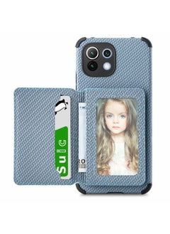 Case Cover For Xiaomi Mi 11 Lite Carbon Fiber Magnetic Card Bag TPU+PU Shockproof Back Cover Case with Holder & Card Slot & Photo Frame Blue
