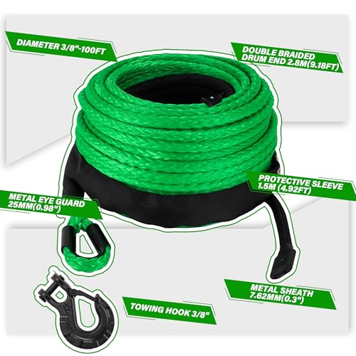 TYT Synthetic Winch Rope 3/8" X 92' with Hook, 27000LBS Synthentic Winch Cable Kit with Protective Sleeve for 4WD Off Road Vehicle Truck SUV Jeep (Green) - Image 3