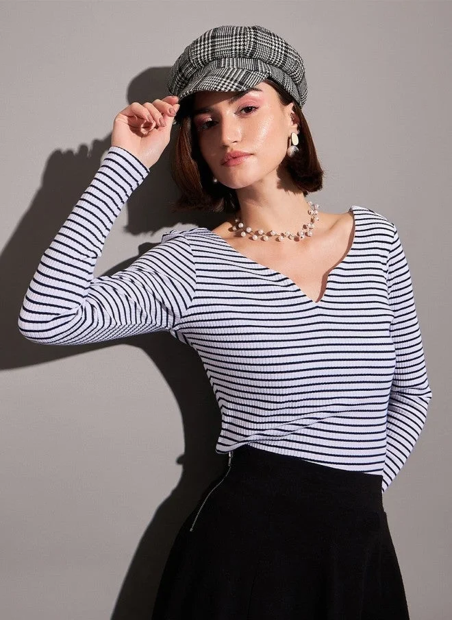 SASSAFRAS Navy Blue & White Striped V-Neck Top for Women