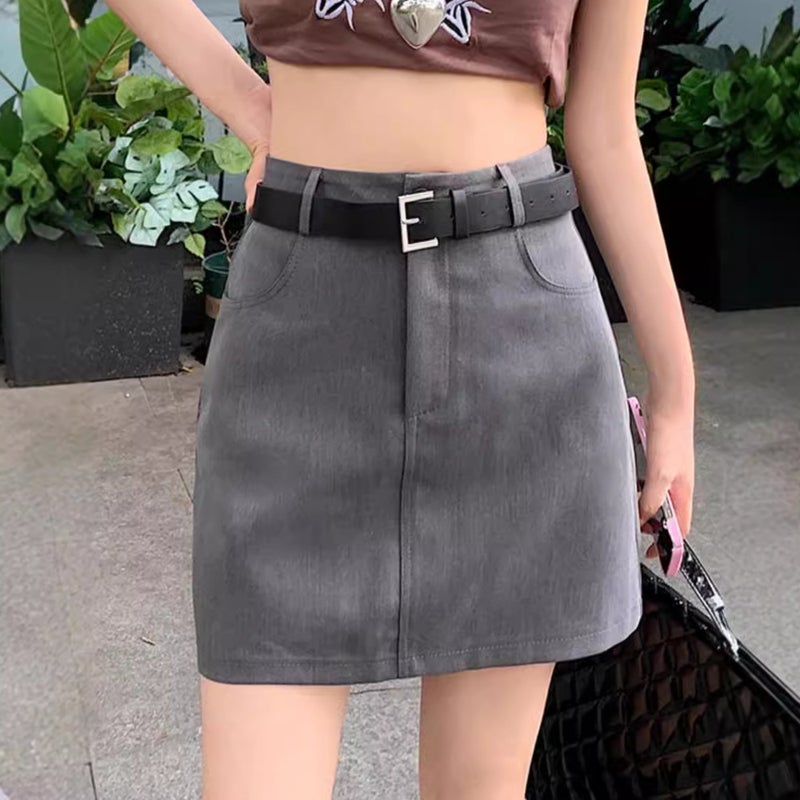 dark gray Suit Short Skirt Women's High Waist Summer New plus size chubby girl Slimming Small A- line Hip Skirt - Image 3