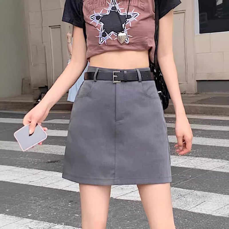 dark gray Suit Short Skirt Women's High Waist Summer New plus size chubby girl Slimming Small A- line Hip Skirt - Image 4