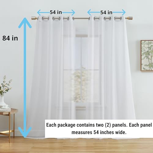 HLC.ME 2 Piece Semi Sheer Voile Light Filtering Window Curtain Grommet Panels for Bedroom & Living Room (54 W x 84 L Inch Long, White) - Image 2