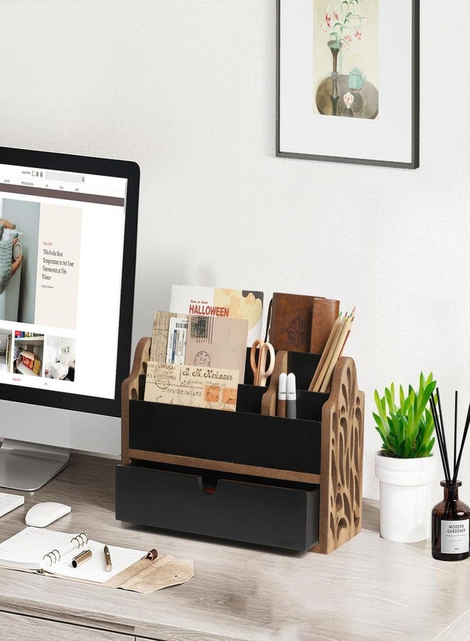 Dhmkfly Desk Organizer with Drawer Wood File Office Mail Organizer Countertop-5 Slot Tabletop Storage Pen Organizer Letter Holder for School Home Office Supplies - Image 2