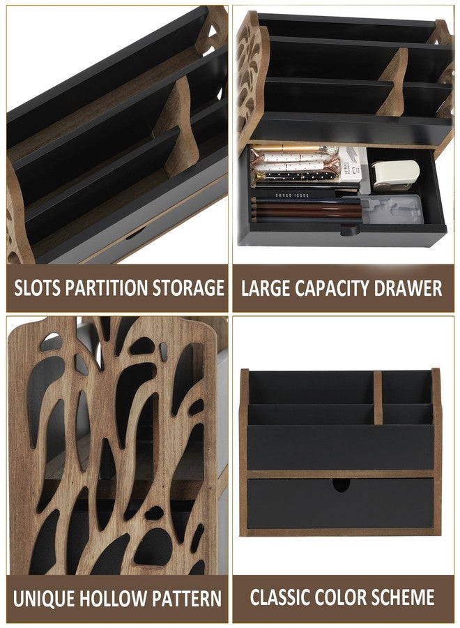 Dhmkfly Desk Organizer with Drawer Wood File Office Mail Organizer Countertop-5 Slot Tabletop Storage Pen Organizer Letter Holder for School Home Office Supplies - Image 3