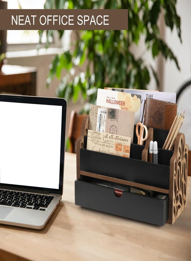 Dhmkfly Desk Organizer with Drawer Wood File Office Mail Organizer Countertop-5 Slot Tabletop Storage Pen Organizer Letter Holder for School Home Office Supplies - Image 5
