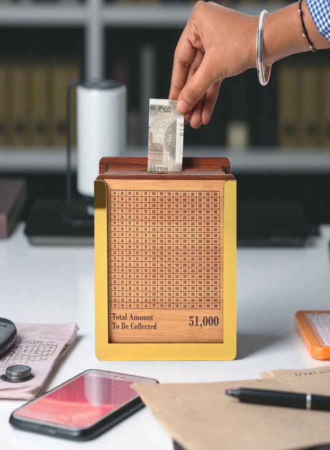 Gift Kya De حصالة نقود خشبية من Gift Kya De مع قلم تحديد، وفر 51,000 روبية هندية | صندوق تحدي التوفير الذكي من GKD | صندوق نقود لتخطيط الميزانية للبالغين والعائلة | صندوق عملات خشبي بقفل - Image 1