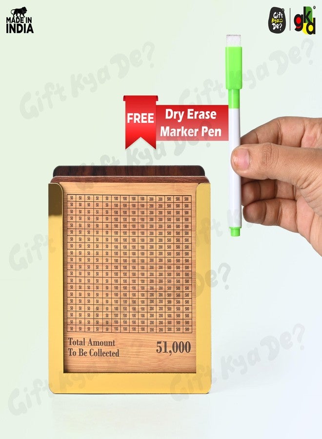 Gift Kya De حصالة نقود خشبية من Gift Kya De مع قلم تحديد، وفر 51,000 روبية هندية | صندوق تحدي التوفير الذكي من GKD | صندوق نقود لتخطيط الميزانية للبالغين والعائلة | صندوق عملات خشبي بقفل - Image 2