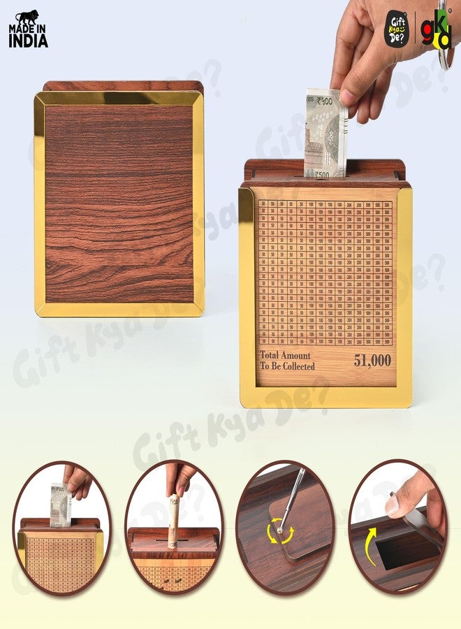 Gift Kya De حصالة نقود خشبية من Gift Kya De مع قلم تحديد، وفر 51,000 روبية هندية | صندوق تحدي التوفير الذكي من GKD | صندوق نقود لتخطيط الميزانية للبالغين والعائلة | صندوق عملات خشبي بقفل - Image 4