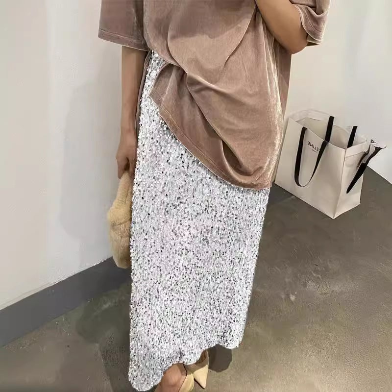2025 New Fashion High-Waist Slim Sequin Skirt Women'S Elastic Waist Elastic Straight Long Skirt - Image 3