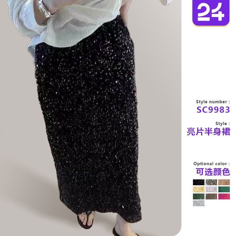 2025 New Fashion High-Waist Slim Sequin Skirt Women'S Elastic Waist Elastic Straight Long Skirt - Image 2