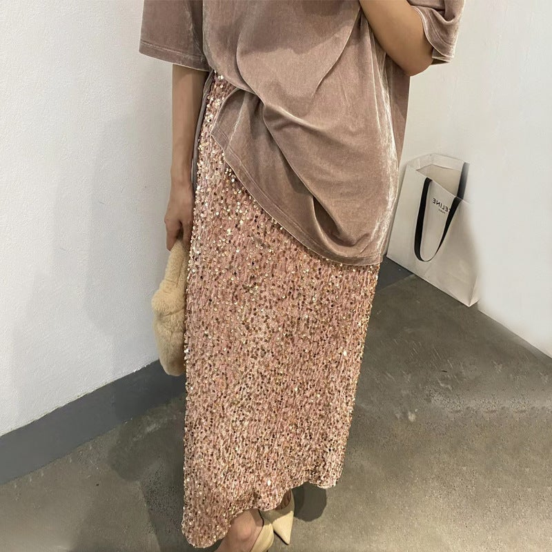 2025 New Fashion High-Waist Slim Sequin Skirt Women'S Elastic Waist Elastic Straight Long Skirt - Image 4