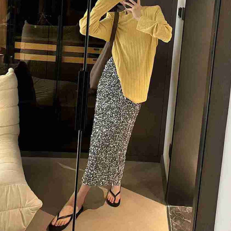 2025 New Fashion High-Waist Slim Sequin Skirt Women'S Elastic Waist Elastic Straight Long Skirt - Image 5