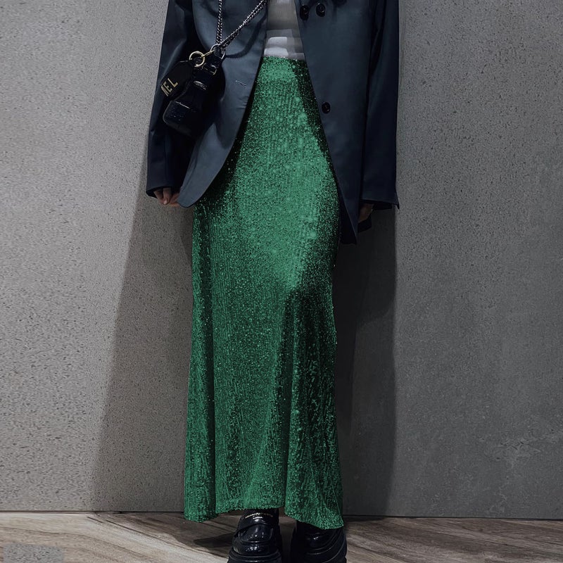 2025 New Fashion High-Waist Slim Sequin Skirt Women'S Elastic Waist Elastic Straight Long Skirt - Image 1
