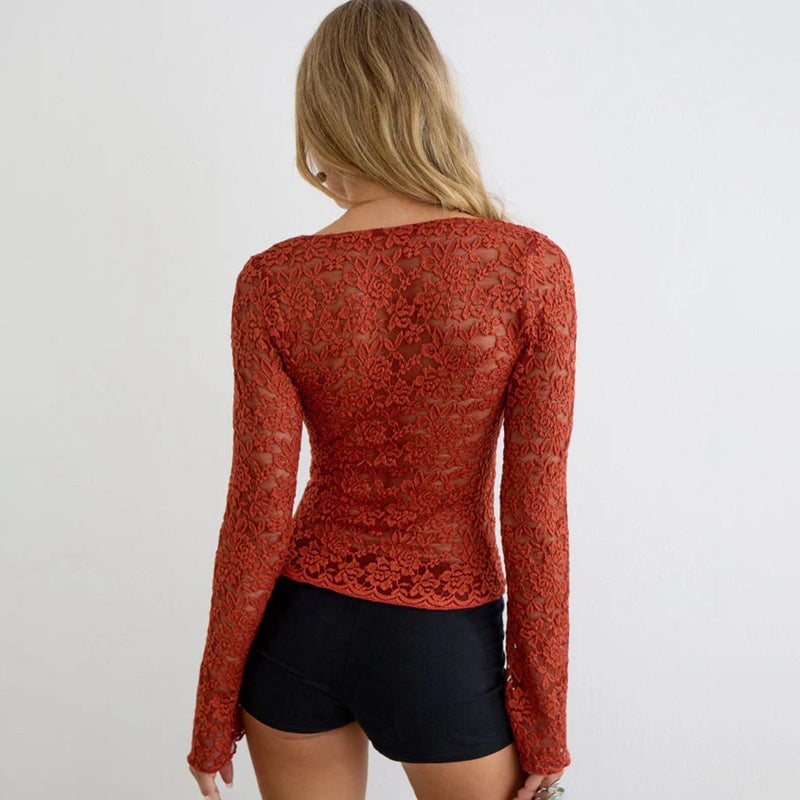 Women's Lace Sheer V-Neck Long Sleeve T-Shirt - Image 5